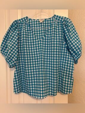 J. Crew Teal and White Gingham V-Neck Puff Sleeve Blouse
